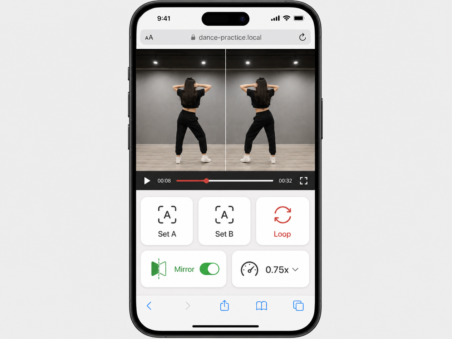 Mobile dance practice interface with mirrored video, slow speed, and large loop controls.