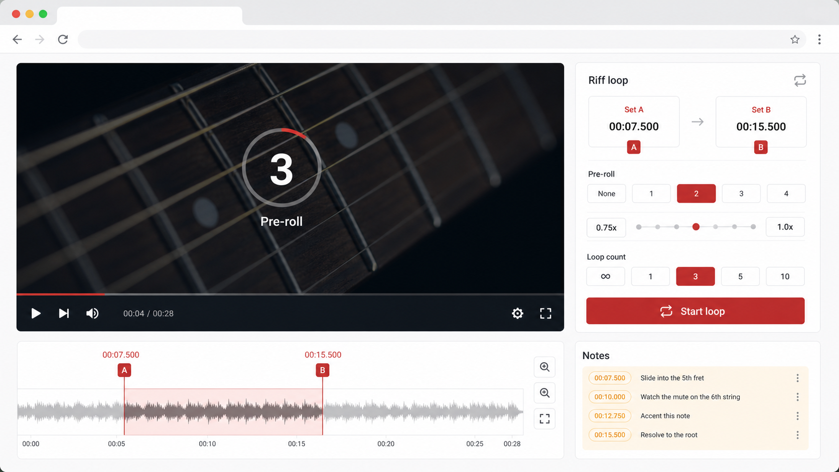 Music practice UI with slow speed, pre-roll, loop count, and A/B markers.