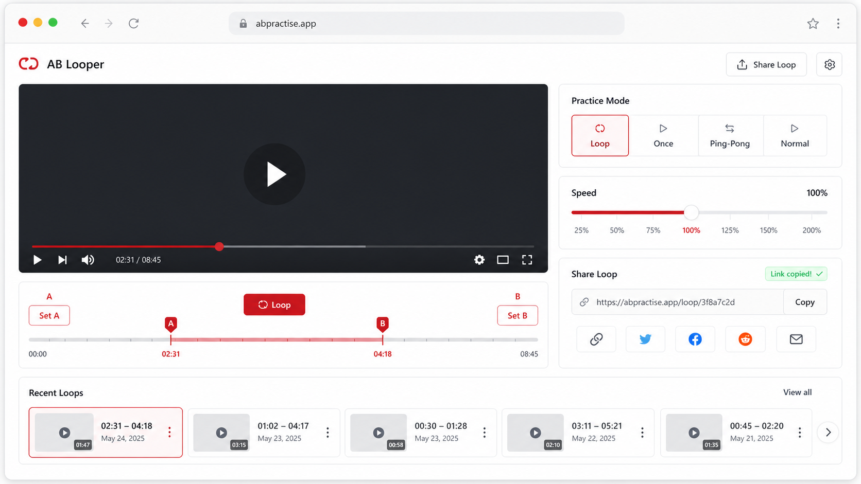 YouTube AB loop interface with precise A and B controls.